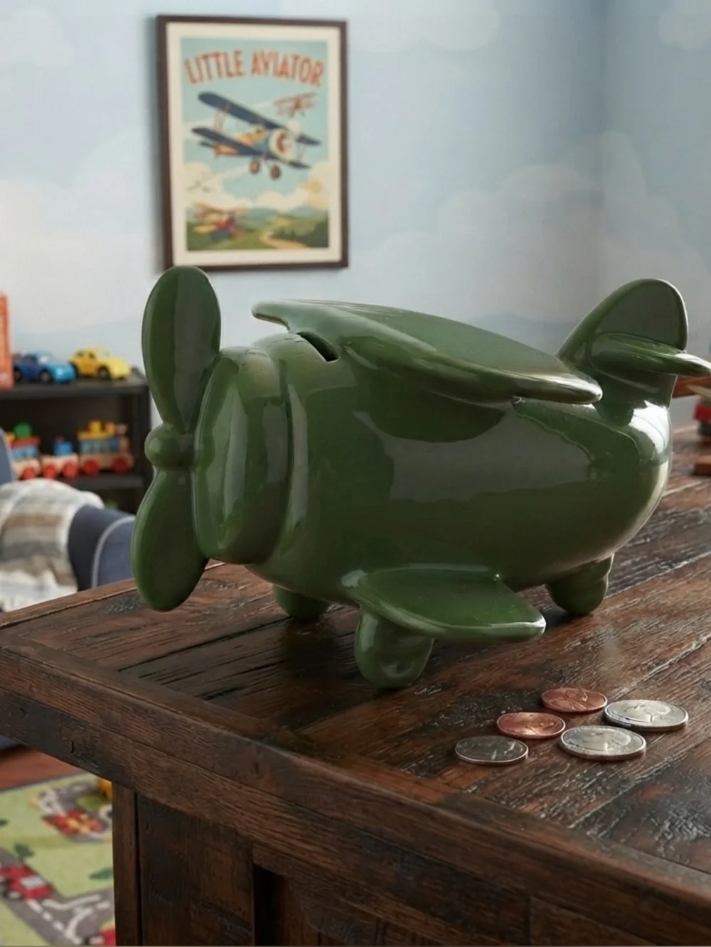 Vintage Green piggy bank Airplane
